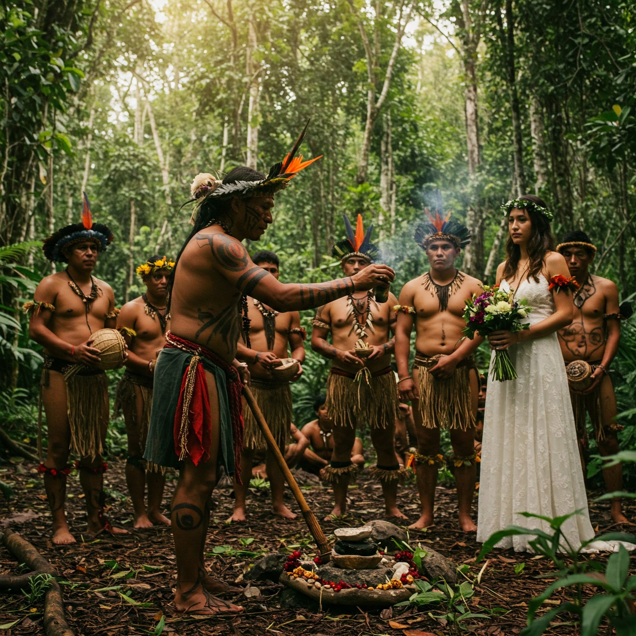 Chaman colombiano en un ritual de union entre una pareja de la tribu