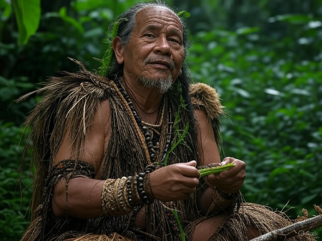 Chaman fabricando sus unguentos, sus medicinas en las selvas de colombia