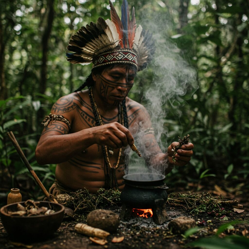 chaman fabricando bebidas poderosas para uniones de amor