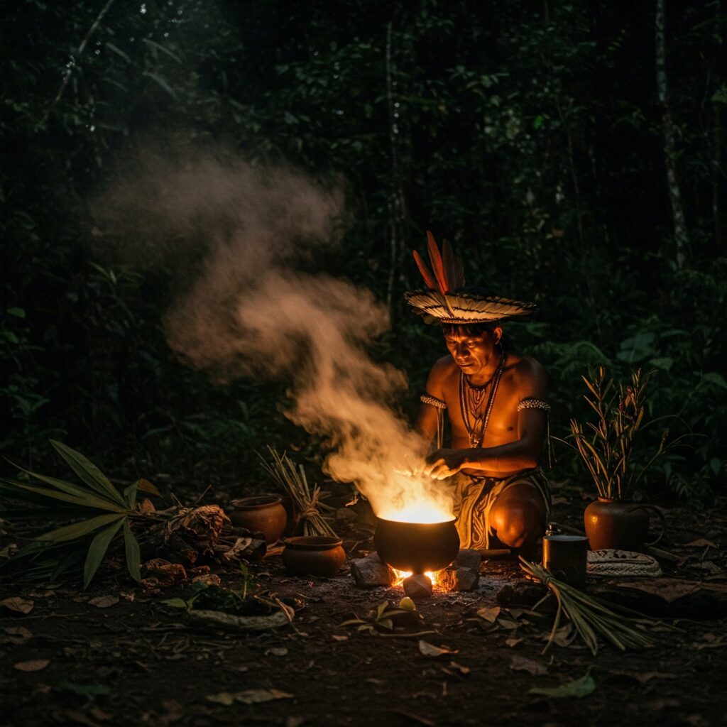 chaman fabricando bebidas poderosas para uniones de amor